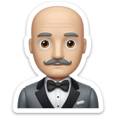 Gray Robot with a square head, no hair, no pupils, thick moustache, wearing a tuxedo, buff sticker