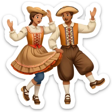 Cinematic Realistic scene of two performers executing the Klompendans, dressed in traditional Dutch costumes complete with wooden clogs and detailed folk patterns, captured in lively motion with soft, natural lighting sticker