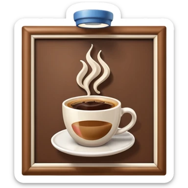 A 3D cartoon coffee shop advertisement poster hanging on a wall, showing a cup of coffee, visible border, flat lighting, Memoji-style. sticker