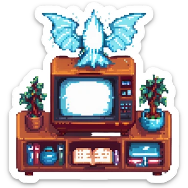 vintage TV set with an enchanted spell book on the screen, magical energy pouring out, pixel art style sticker