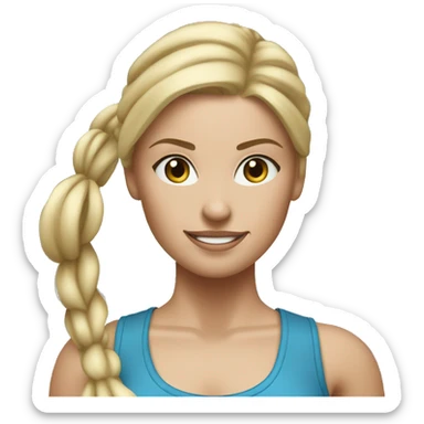 Blond woman with pony tail doing warrior 2 on blue yoga mat sticker