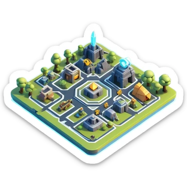 Clash of Clans aesthetic: Cinematic Playful 3D Isometric Holographic Map Emoji, rendered in a 3D vector-style similar to standard emojis with minimal shading and bold, simplified shapes. A compact, distinct form with signature details, softly glowing with a futuristic sci-fi warfare charm. Simplified yet unmistakably iconic, highly detailed and consistent, glowing with a soft radiance and high shine. Stylized with a touch of high-tech brilliance and a soft glowing outline, capturing the essence of a beloved gaming relic with a friendly, playful manner! sticker