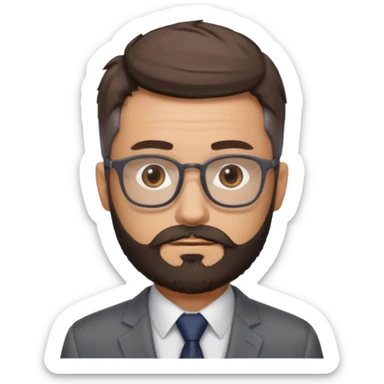 Create a figure that reflects an experienced entrepenurr but who has professional and elegant clothing, close-cropped hair, grey glasses, brown eyes and an unkempt beard  sticker