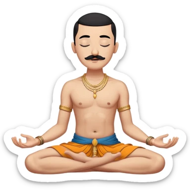Black hair cossack with bold head, very long black mustache, lock of black hair sprouting from the top of the shaven head, with no jewelry, meditating bare torso with closed eyes in lotus pose in traditional indian dhoti sticker