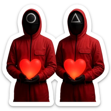 Edit the image of two masked guards from Squid Game series in pink jumpsuits, both holding large glowing red hearts that emit soft light. Keep the original style with minimal background and dramatic lighting. Remove the background entirely. sticker