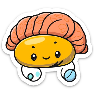 A bright, healthy brain surrounded by foods rich in phosphatidylserine precursors: salmon, egg yolk, fermented soy, and healthy fats, all connected by gentle glowing lines to the brain. sticker