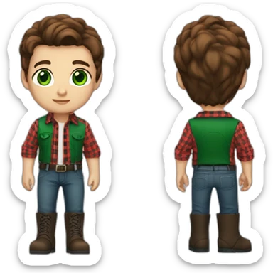cropped brown hair, square-shaped head, green eyes, red-black checkered shirt, steel-toed boots sticker