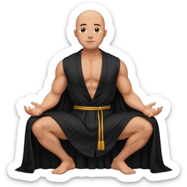 fullbody jacked bald guy, sleeveless and unbuttoned in black robe sitting sticker