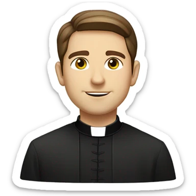 Front view Head and shoulders of a handsome catholic priest with brown hair and light green eyes wearing a clerical collar and a black shirt sticker