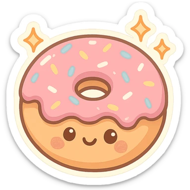 chibi sticker-style donut with sparkles, cute and exaggerated sticker