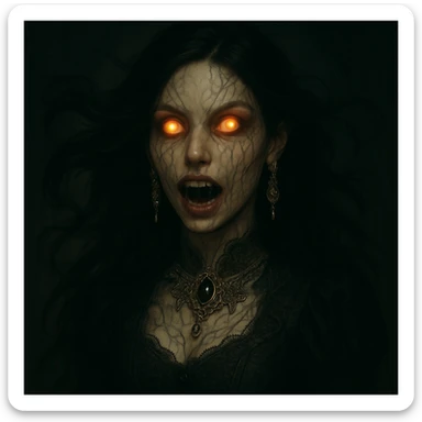 Make the beautiful scary girl look realistic, photorealistic horror portrait style. Keep gothic jewelry and supernatural features with dramatic lighting. Emphasize photorealism and horror elements in the portrait. sticker