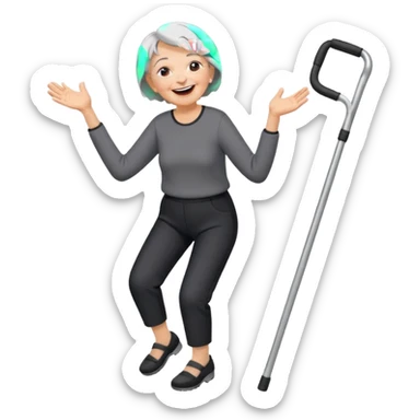 old woman with short hair, dressed with pants, laughing and dancing with crutches sticker
