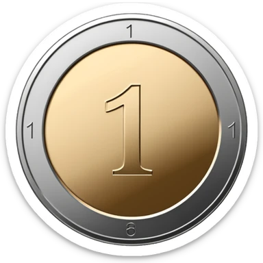 Emoji icon of a metal coin with engraved number 1, minimalist style, isolated, only metal color sticker
