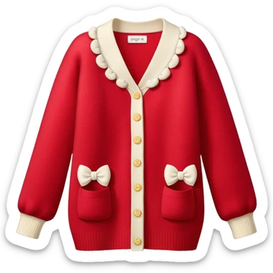 red cashmere cardigan with 8 tiny ivory bows all over front and sleeves, realistic 3d isolated, soft texture sticker