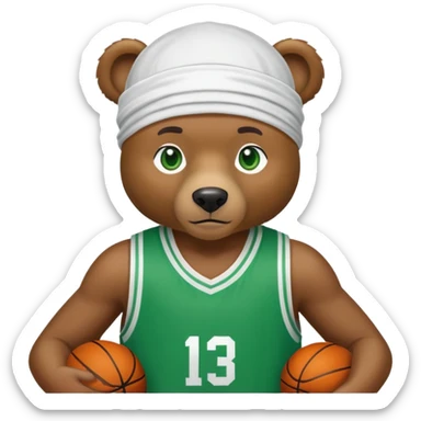 Cool brown bear with green eyes shown to shoulders, white durag, green and white basketball jersey visible on upper chest and shoulders, iOS emoji style sticker