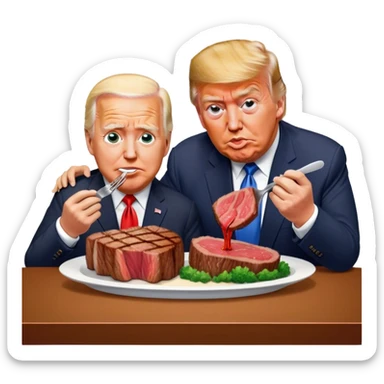 photorealistic Donald Trump and Biden eating a steak shaped like an piece of land sticker