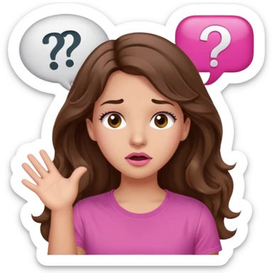 girl with long wavy brown hair, brown eyes, light to medium complexion, in a pink shirt, pink lips, long lashes, shugging, question mark one speech bubble sticker
