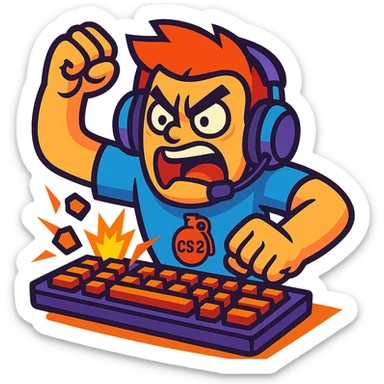 CS2 rage, cartoon gamer smashing keyboard, vibrant colors sticker
