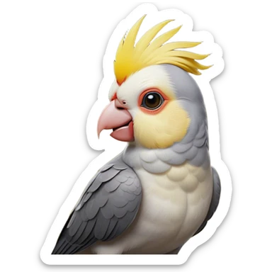 Cinematic Noble Cockatiel Portrait Emoji, Poised and regal, with a slender, delicate build and a beautifully groomed grey fur accented by vibrant yellow cheek patches and a graceful crest, deep-set soulful dark eyes, Simplified yet sharp and sophisticated features, highly detailed, glowing with a soft, dignified glow, high shine, intelligent and charming, stylized with an air of elegance, focused and attentive, soft glowing outline, capturing the essence of a watchful and confident avian companion, so majestic it feels as though it could flutter out of the screen with effortless authority! sticker