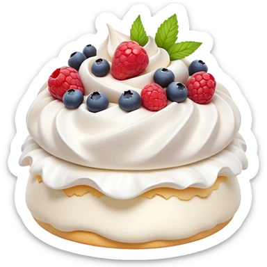 Cinematic Realistic Pavlova Dessert Emoji, showcasing a delicate meringue dessert topped with fresh fruit rendered with lifelike texture and soft natural lighting. sticker