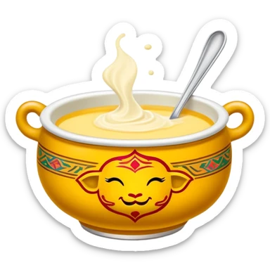 Tibetan butter tea in traditional bowl, simplified emoji style with bold outlines and bright colors, cartoon style creamy yak butter drink sticker
