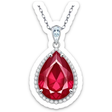 teardrop ruby pendant with silver chain and white stones, radiating luminous aura sticker