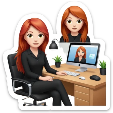 Video call therapy session: red-haired therapist with long hair wearing black minimalist clothing, seated in a professional home office, looking at the webcam; calm, modern teletherapy setting sticker