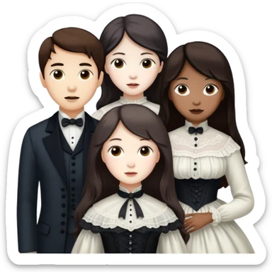 Three Victorian ghosts friends with dark brown hair  one Asian one Caucasian  one African American all beautiful  sticker