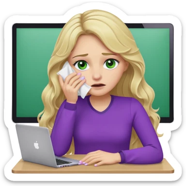 lady with long wavy blonde hair, purple top, green eyes, at desk with hand holding tissue to her eye and crying, with a purple mac laptop  sticker