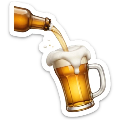 single beer bottle being tilted to pour, with foam at the top, apple emoji style sticker