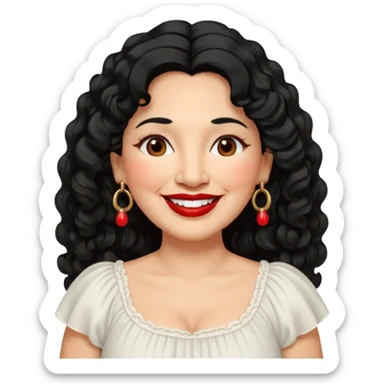 60 yr old Mexican woman, slightly chubby, wavy/curly long black hair, red lipstick, big smile, white teeth, brown eyes, hoop earings, side part to hair, round face, pretty white dress, hair side swept, big hoop earing sticker