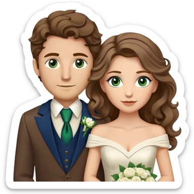 A bride and groom. Bride has brown hair with soft curls, has green eyes, wears an off shoulder dress. Groom, dark blue eyes, hair is blond, wears a brown suit with a brown vest and a bolo tie. sticker