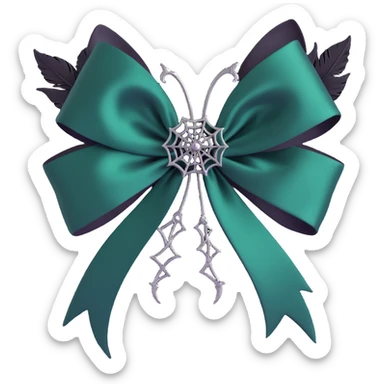 gothic bow, midnight green silk, silver spiderweb brooch, black feather accents, mysterious and lush sticker