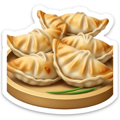 Gyoza Cinematic Realistic Gyoza Dish Emoji, depicted in a close-up view of 1 to 2 delicate dumplings with a crisp, golden exterior and savory filling, rendered with exquisite detail and dynamic lighting. sticker