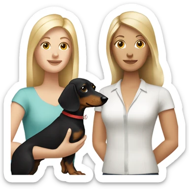 Blonde white woman and Brunette white woman holding black and tan dachshund sticker