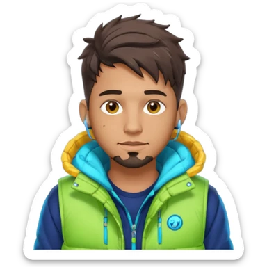 Cyberpunk street adult, hispanic, male, messy undercut, puffer vest over hoodie, glowing earpiece, light stubble, brown eyes, neon reflections sticker