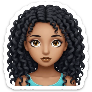girl with long black curls and brown eyes, brown skin, eyelashes, siren eyes sticker