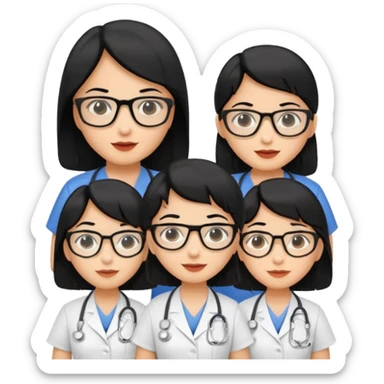 Genera emogis de 4 cuatro enfermeras de cabello negro, una con lentes sticker