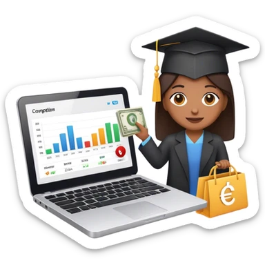 
*"Emoji-style illustration of e-commerce training: a laptop with a shopping cart icon, a graduation cap, and a person teaching online with charts and money symbols."* sticker