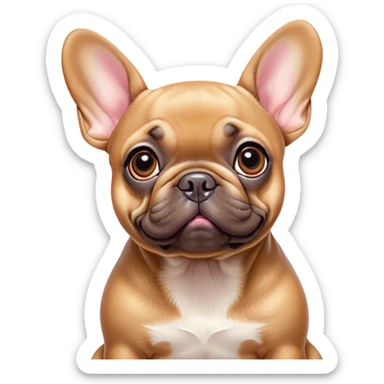 Cinematic Cute Fawn French Bulldog Portrait Emoji, Head tilted playfully and inquisitively, featuring a glossy fawn coat with a smooth texture, round, sparkling dark eyes filled with curiosity, Simplified yet irresistibly adorable features, highly detailed, glowing with a warm, friendly glow, high shine, affectionate and lively, stylized with a touch of whimsy, bright and endearing, soft glowing outline, capturing the essence of a mischievous yet loving companion, so playful it feels like it could prance out of the screen and into your arms! sticker