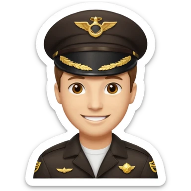 A light-skinned man with short brown hair, brown eyes, and a cheerful smile, wearing a dark pilot cap with a gold emblem. sticker