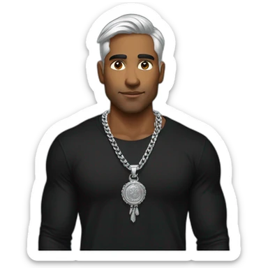 A strong Indian man wearing men silver chain,styled on a Full sleeve black tshirt sticker