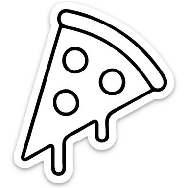 A triangular slice of pizza with melting cheese and pepperoni toppings, minimalist outline sticker