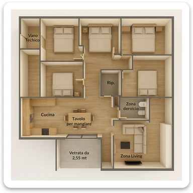 Create a realistic 3D floor plan of the same house shown in the provided blueprint. The house includes four bedrooms, two bathrooms, a kitchen, a living area, a storage room, a large glass window, a dining table, a sofa with TV, and a technical room. The view is from above, with a simple and clear architectural style to help better visualize the spaces. sticker