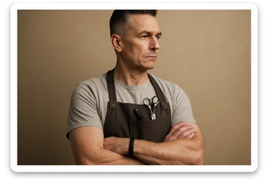 shu pozada turgan faqat chap tarafga qarab turgan sartarosh ustani tasvirlab ber realistik uslubda yoshi kattaroq soqol shart emas sticker