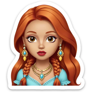 Colombian, pretty lips, colombian clothes, very light skin, long natural red hair, jewelry, pretty bratz baddie, black eyeliner sticker