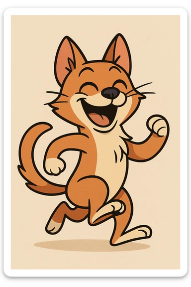 happy dog-cat creature, big grin, perky ears, energetic pose, adorable and whimsical sticker