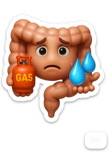EMOJI STILE IPHONE DI un'intestino preoccupato che ha una bombola di gas con la scritta "GAS" SOPRA in mano e due gocce di acqua in 3d nell'altra mano, IPERREALISTICO 4K sticker