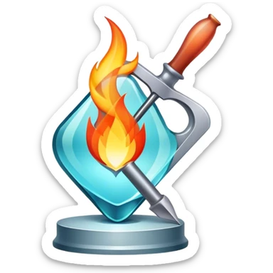 Glassworking icon, piece of glass being shaped with tools, glass cutter, flame for glassblowing, smooth edges, sparkling texture, minimalistic style, clean lines, transparent background. sticker