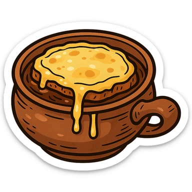 french onion soup in a rustic bowl, cheese bubbling, cartoon style sticker